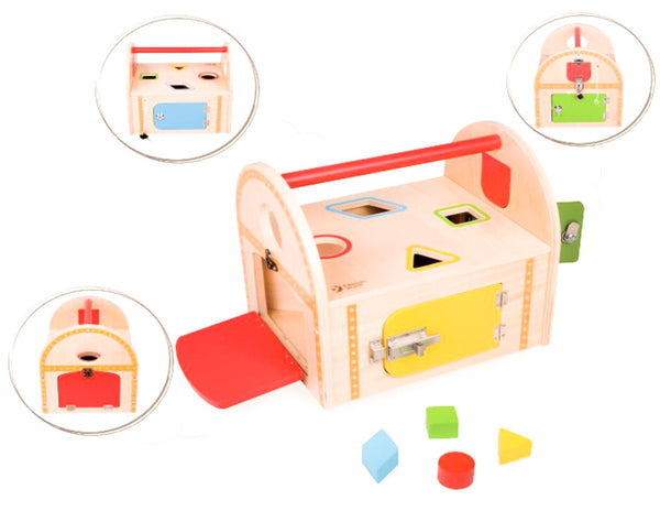 Wooden sorting box with various locks