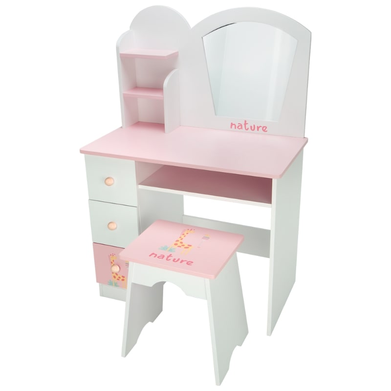 Wooden dressing table with stool Arias from the Nature series in pink and white