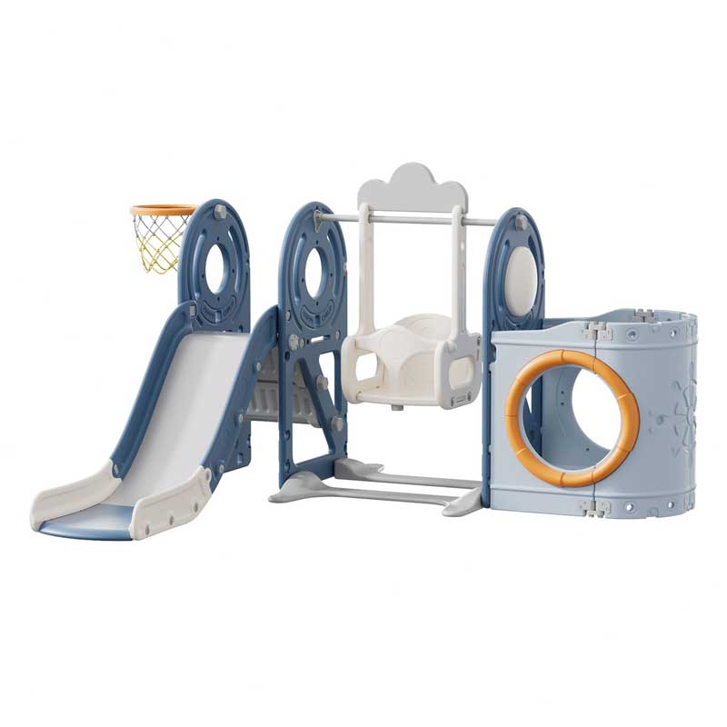 Детски център Feelkids с пързалка, люлка, баскетболен кош и тунел за игра – син