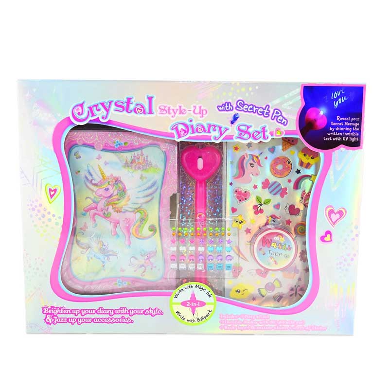 Diary set with keys, UV secret ink pen, stickers, gems and washi tape