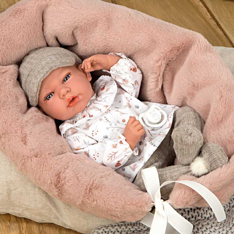 Baby doll Andy in a beige outfit with accessories - 40 cm, realistic weight