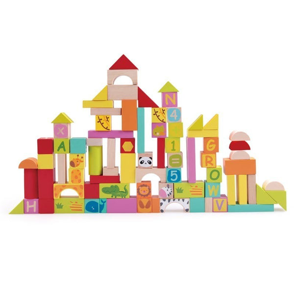 Educational building set with different types of wooden blocks
