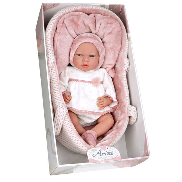 Crying Baby Doll Lucia in Pink Basket with Pacifier - 40 cm