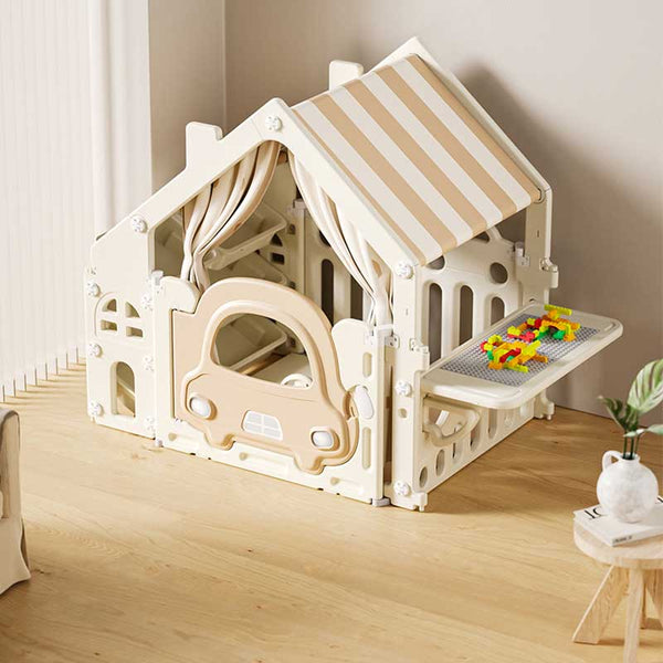 Plastic kids' playhouse with building blocks table – brown