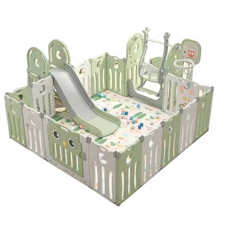 Foldable Kids' Playpen with Slide, Swing, and Basketball Hoop in Mint Color