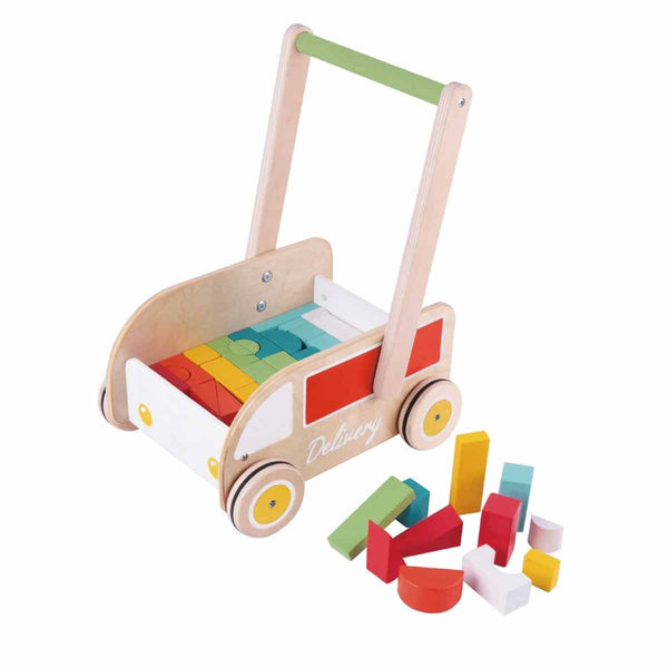 Wooden baby walker with stacking blocks